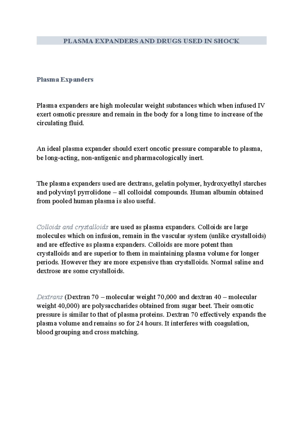 Plasma Expanders and Shock Treatment: An Overview of Drugs and Their ...