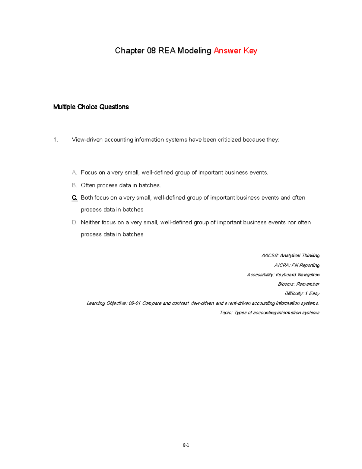 TBCh8 - Chapter 08 REA Modeling Answer Key Multiple Choice Questions 1 ...