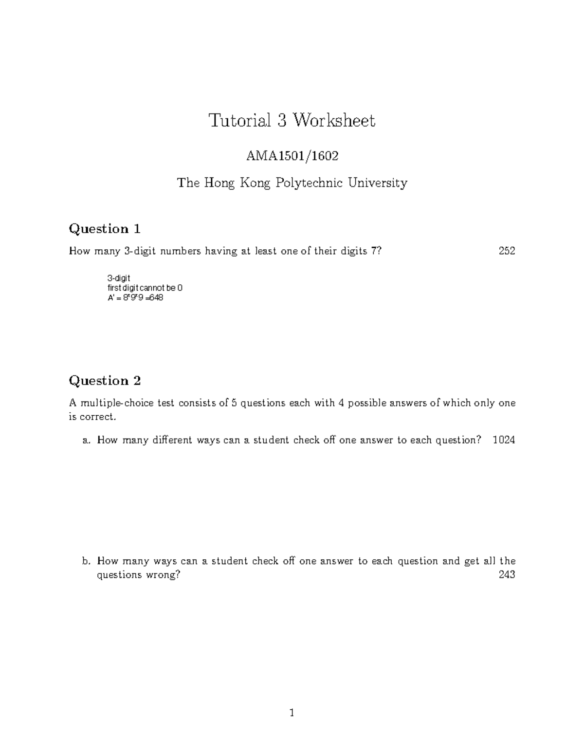 Tutorial 03W ama1501 Worksheet: Permutations & Combinations - Studocu