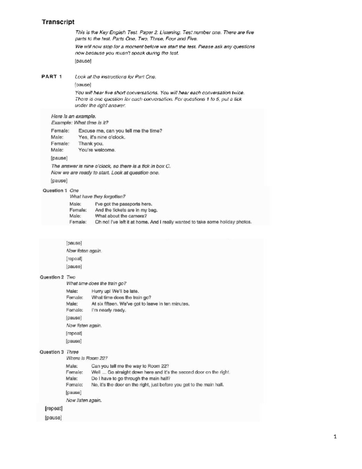 KET Listening Test 1 - Transcript for Part 2 (Key English Test) - Studocu