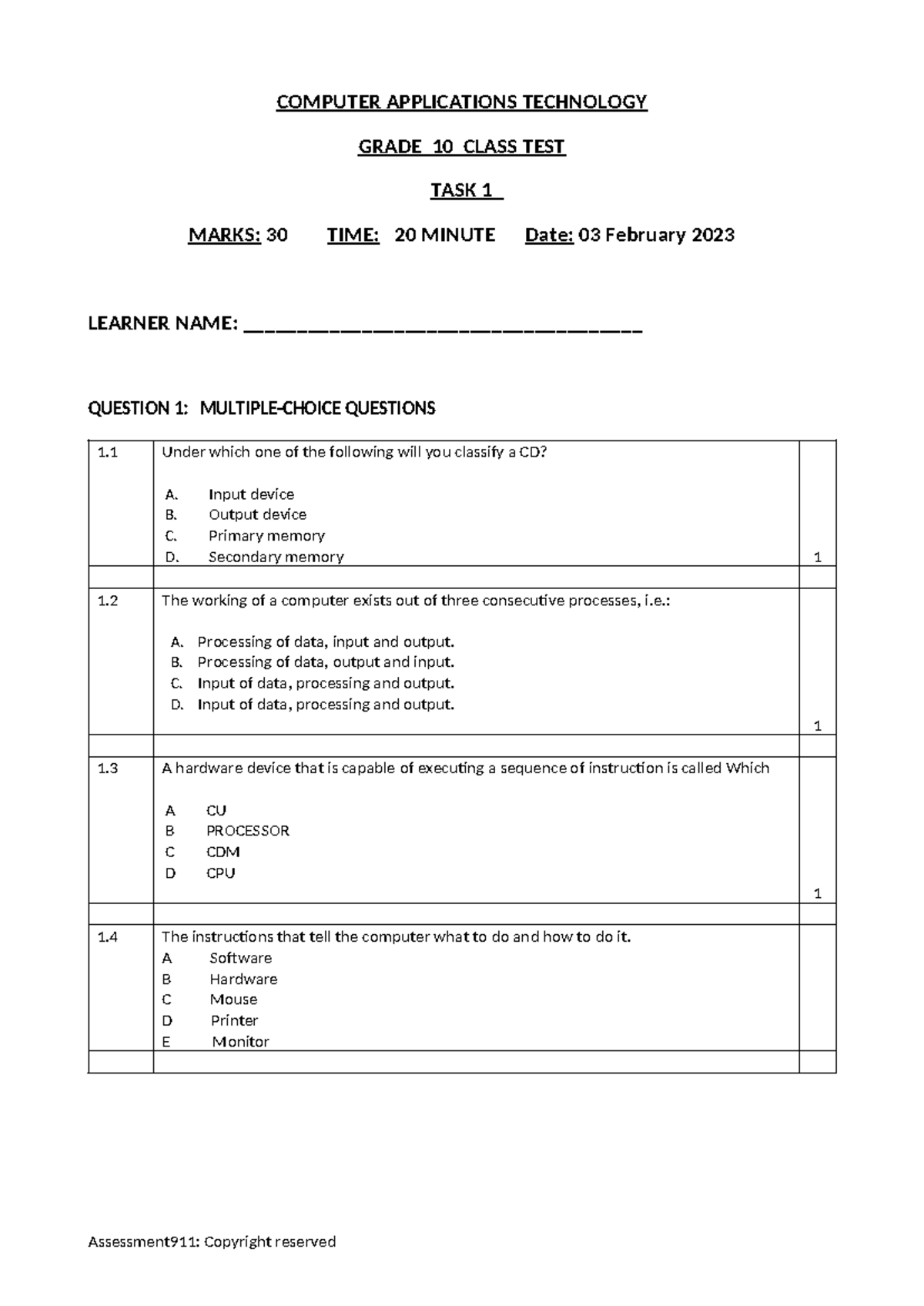 CAT G10 Class Test Task 1: Computer Applications Technology - Studocu
