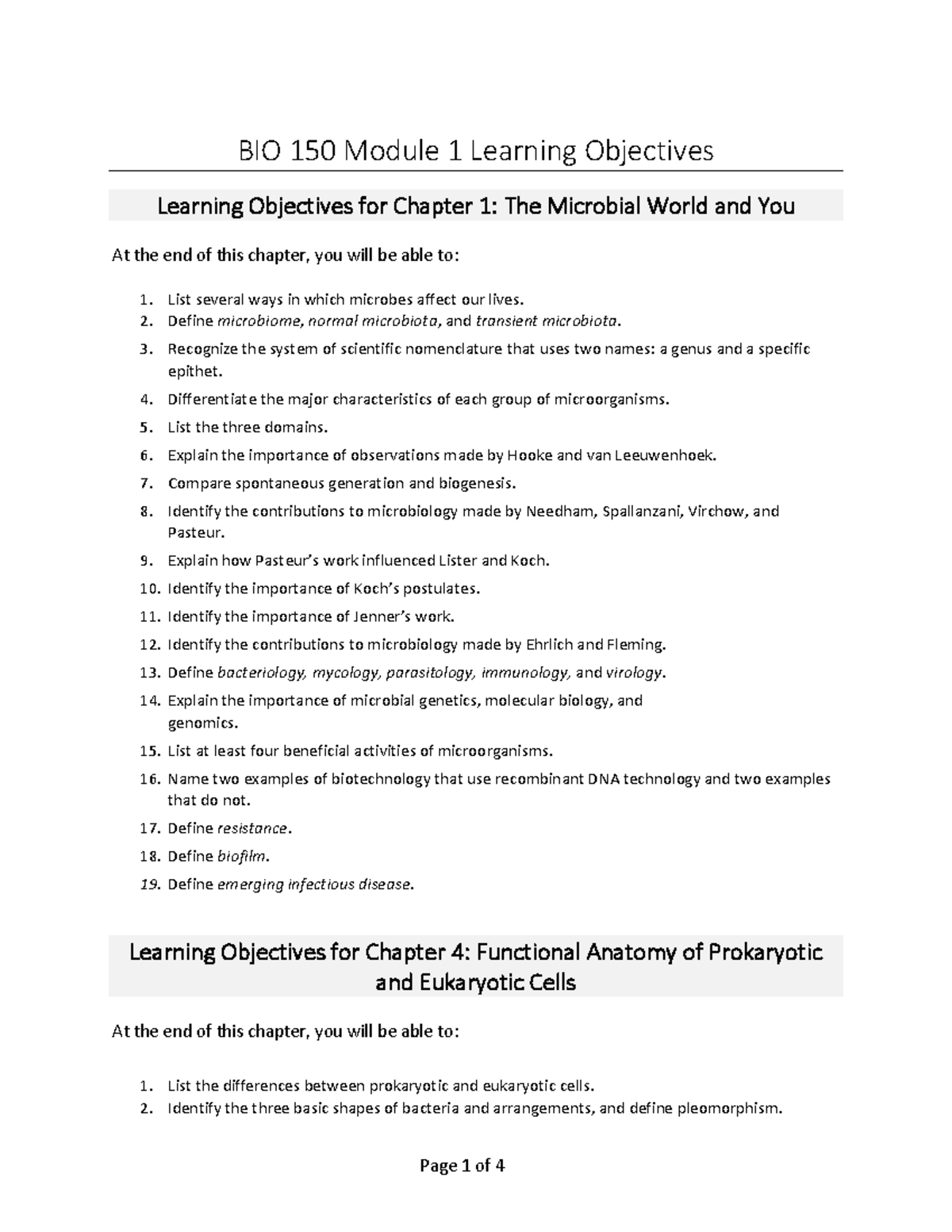 BIO 150 Module 1 Learning Objectives: Microbial World & Cell Anatomy ...