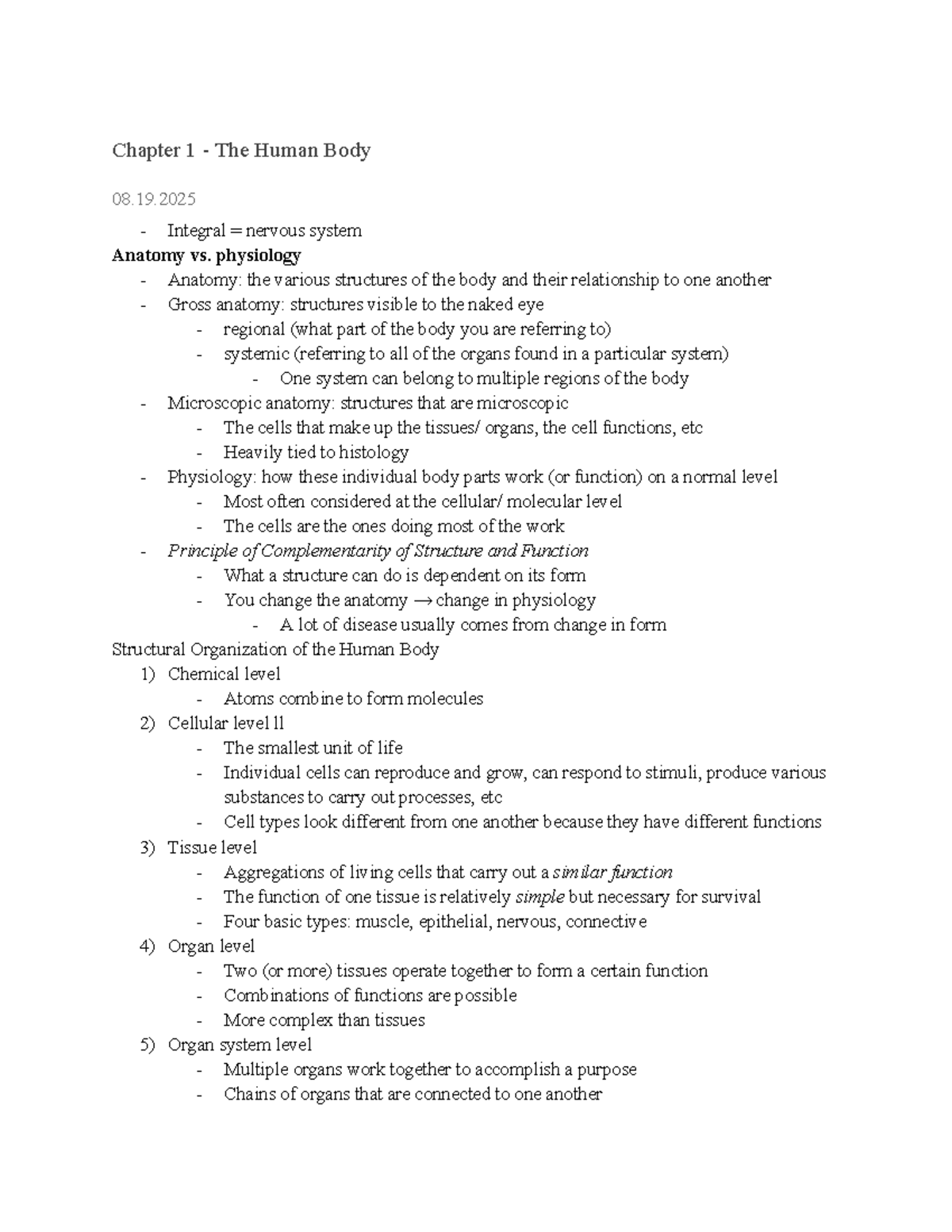 BIOL 251 Chapter 1 - Anatomy and Physiology of the Human Body - Studocu