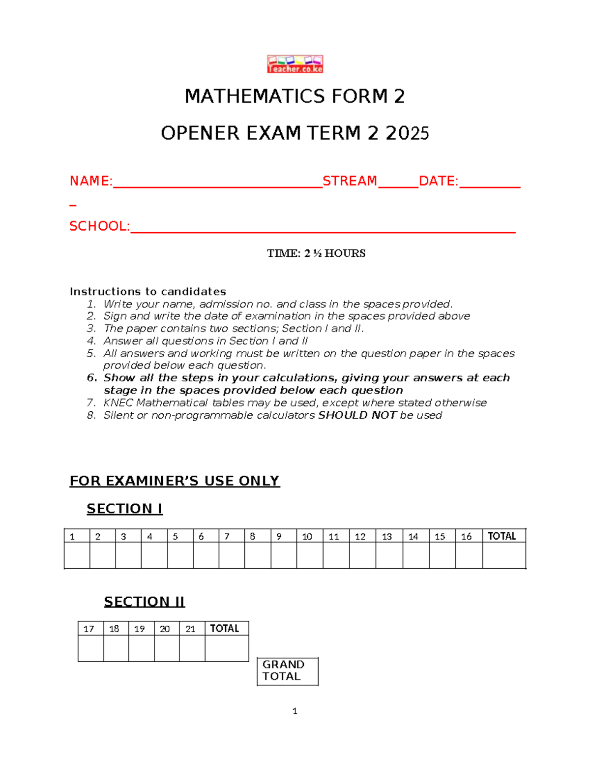 MATHEMATICS FORM 2 OPENER EXAM TERM 2 2025 - 2 ½ HOURS - Studocu