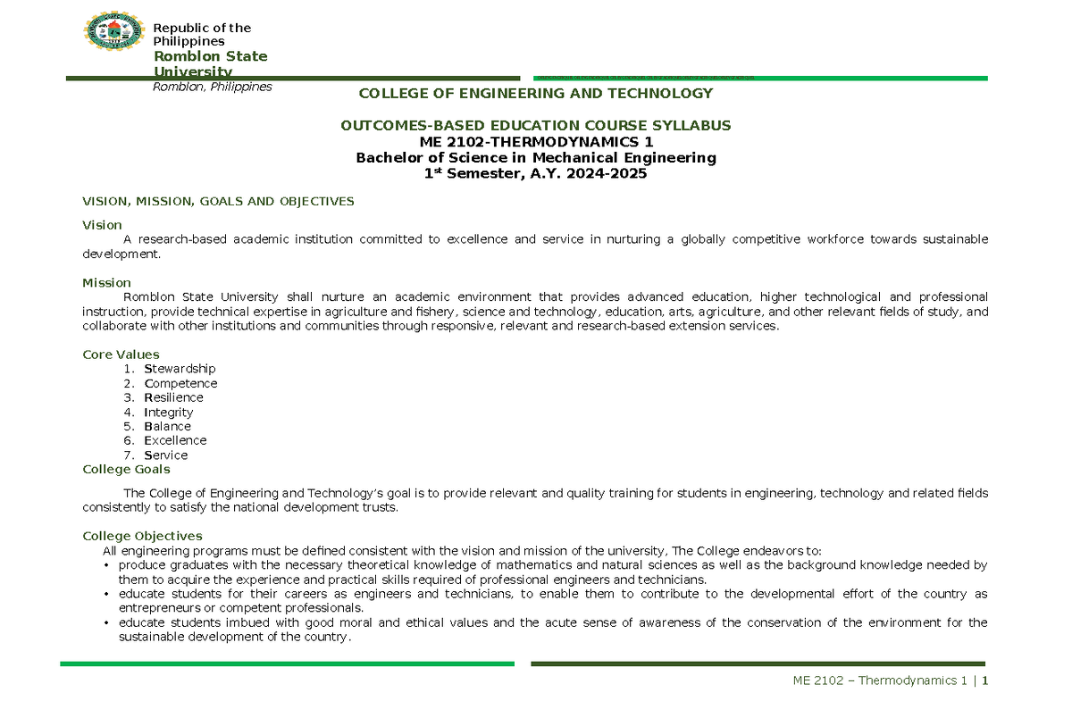 Syllabus for ME 2102 Thermodynamics 1, 1st Sem A.Y. 2024-2025 - Studocu