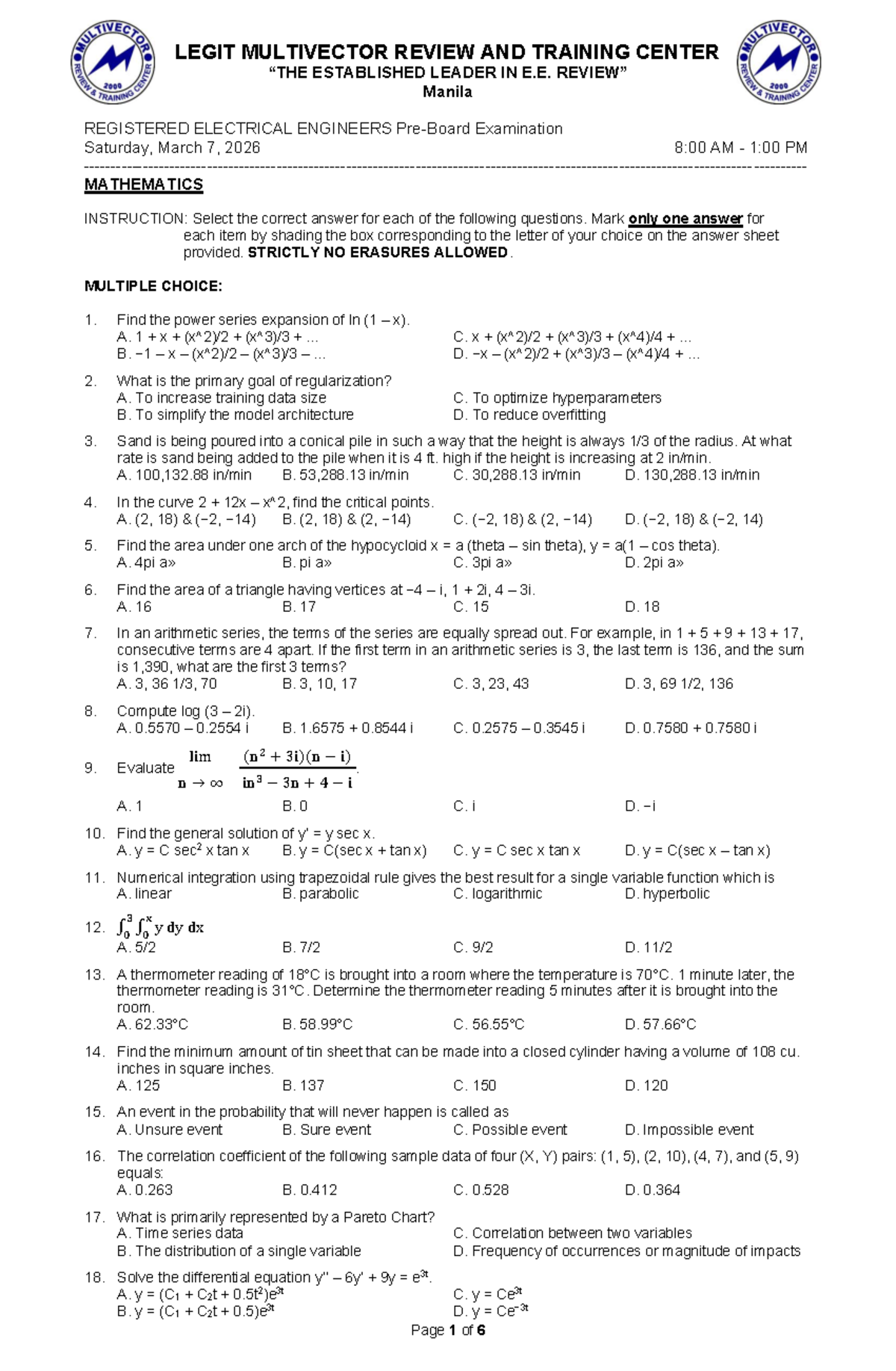6A Mathematics Preboard Exam Review - April 2026 - Studocu