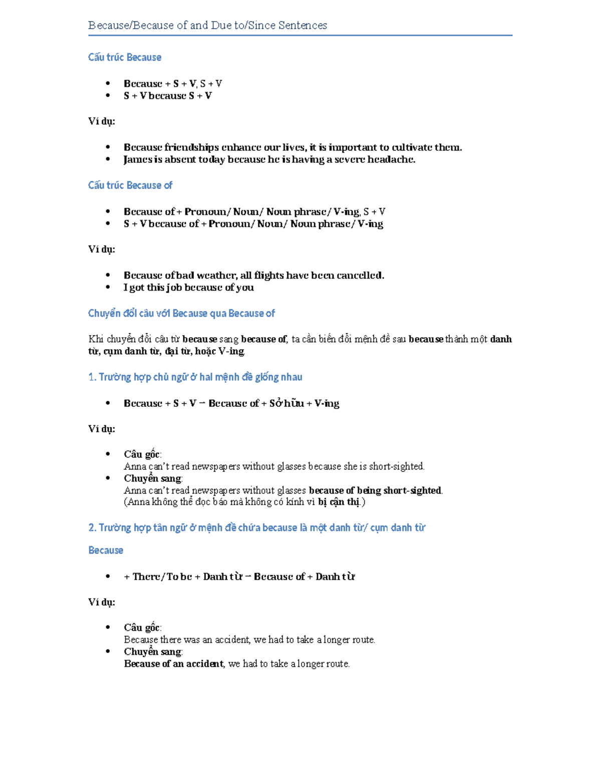 Because/Because of: Transforming Sentence Structures and Examples - Studocu