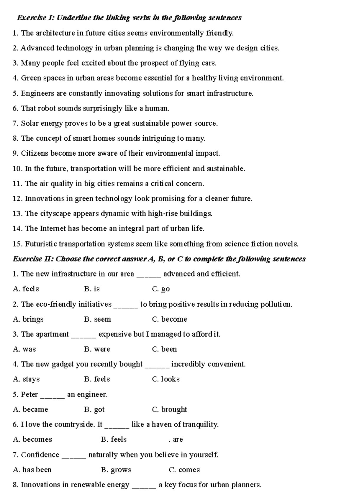 Linking Verbs Exercise I & II: Identifying and Using Verbs - Studocu
