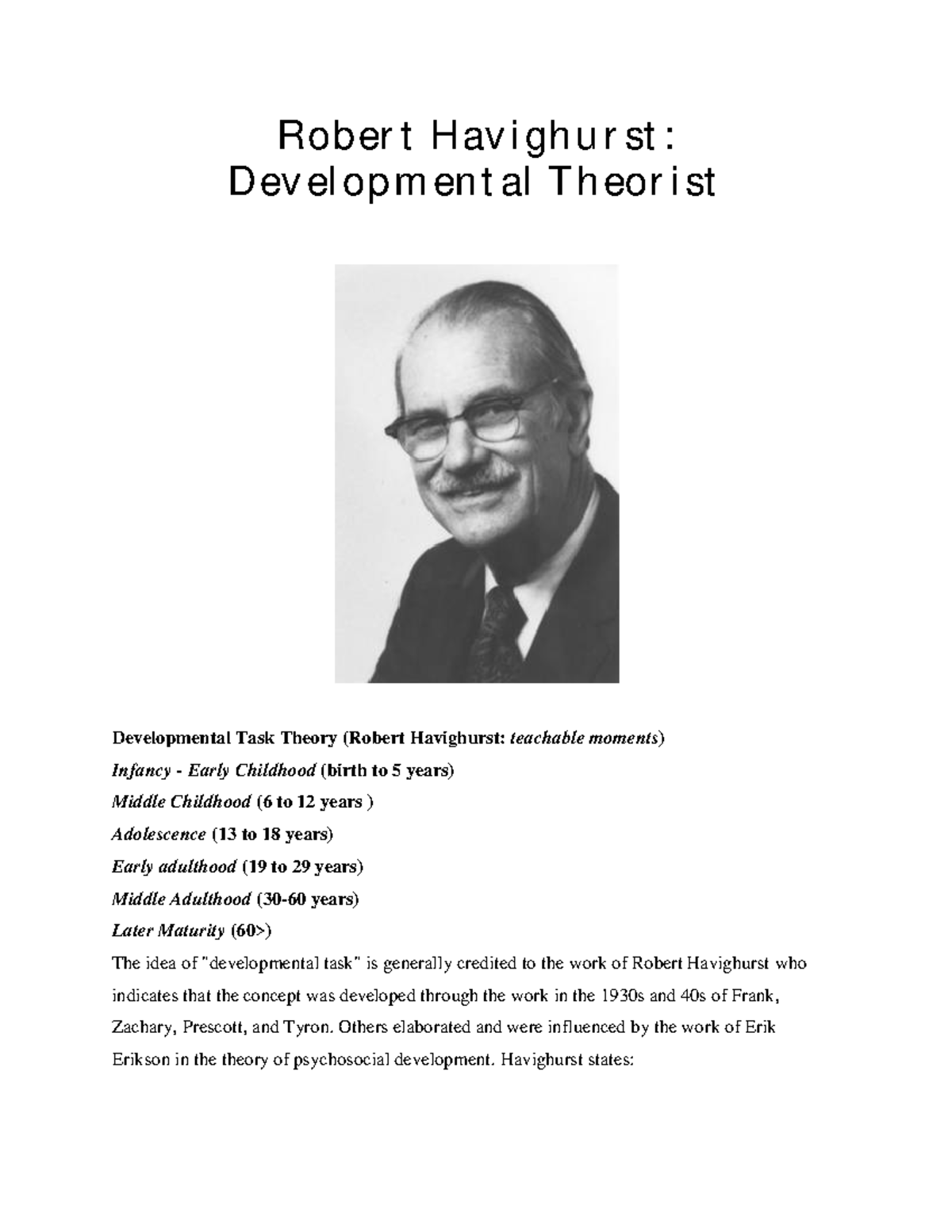 Developmental Task Theory (Havighurst) Across the Life Span - Studocu