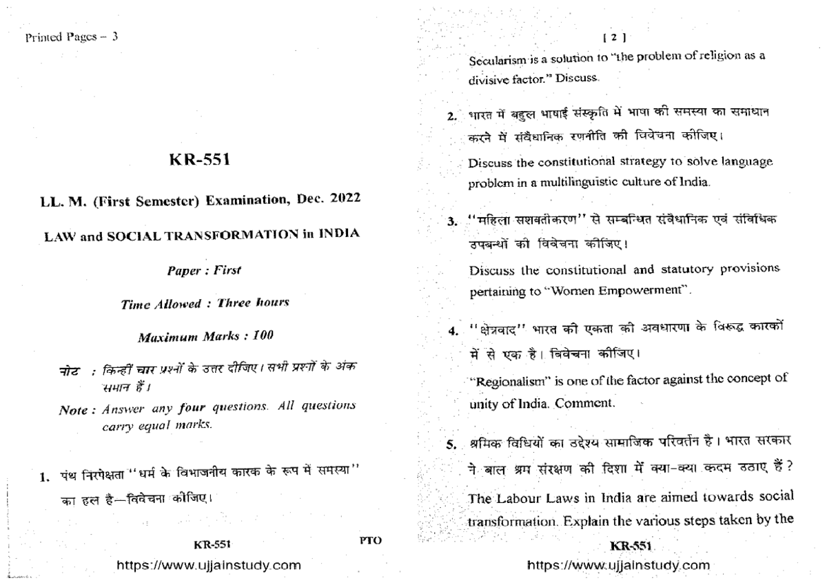 LLM 1st Sem: Law & Social Transformation in India - Dec 2022 Exam - Studocu