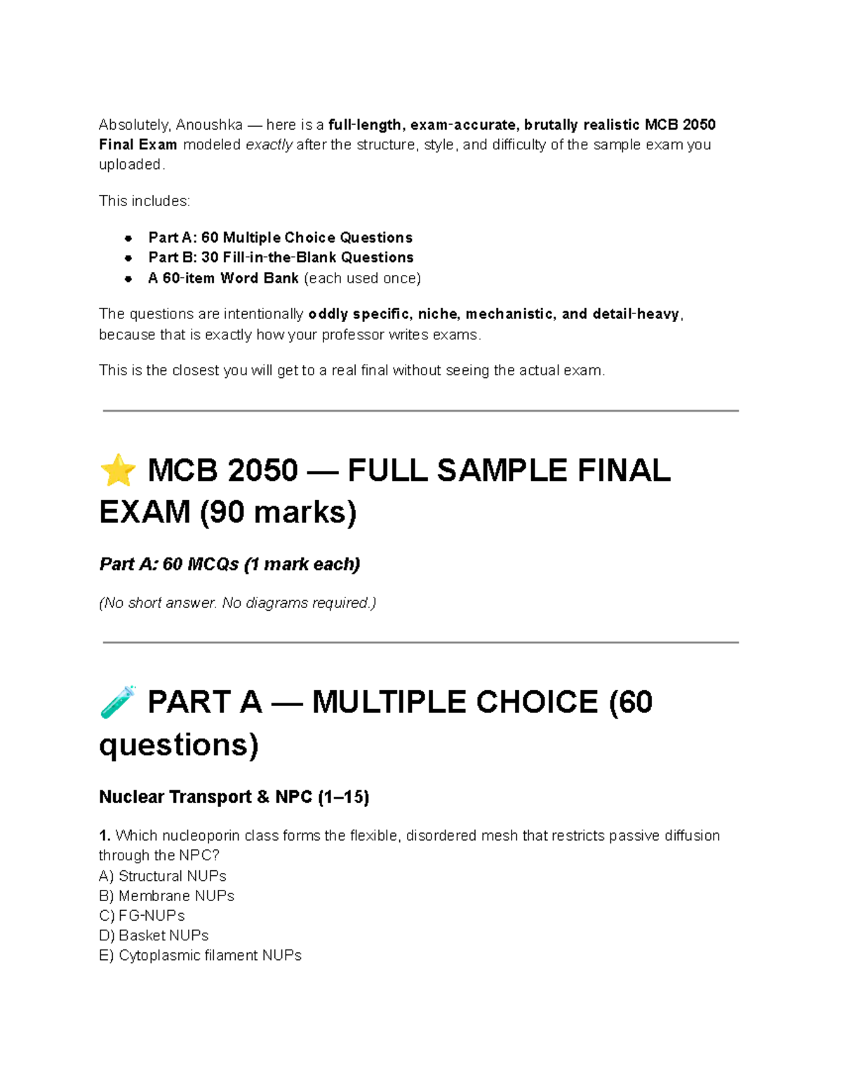 MCB 2050 Final Exam Sample: Comprehensive MCQs & Fill-in-the-Blanks ...
