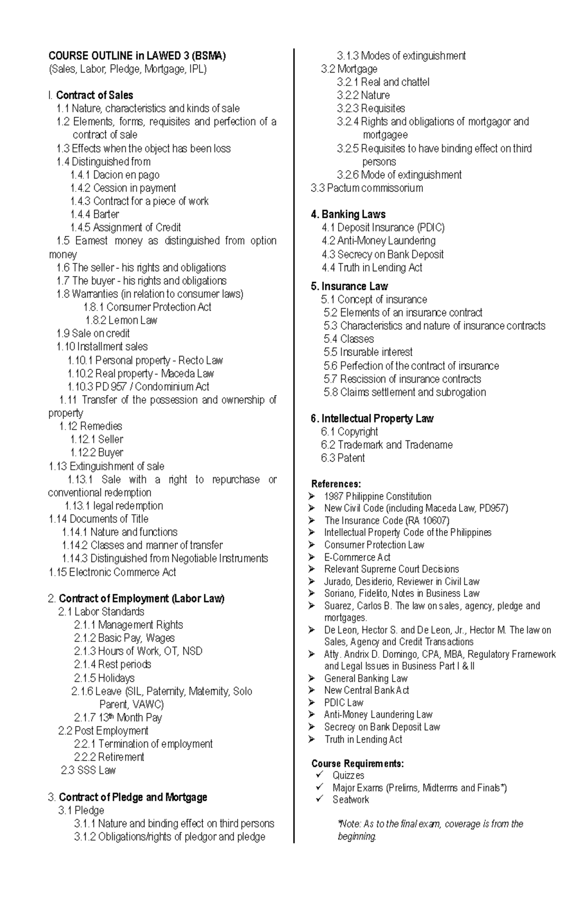 Course Outline for LAW 3 (BSMA): Sales, Labor, Pledge, Mortgage, IPL ...