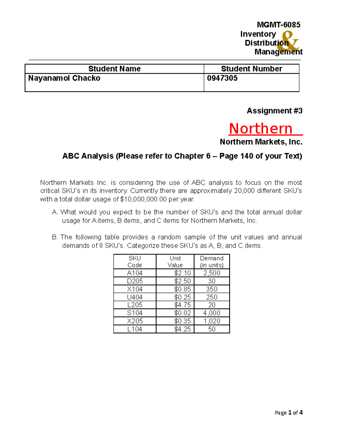 MGMT-6085-20F Assignment #3 - Detailed ABC Analysis of Inventory - Studocu
