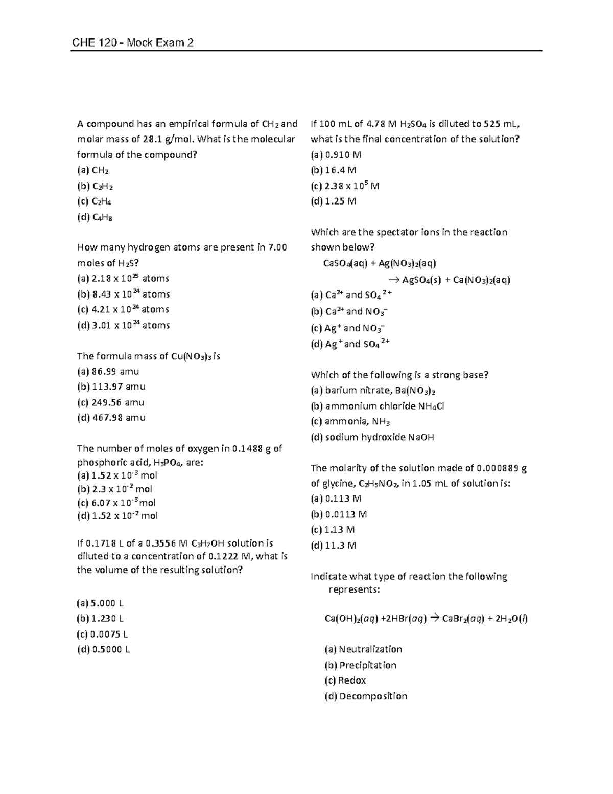 CHE 120 S24 Mock Exam 2 - Comprehensive Practice Questions - Studocu