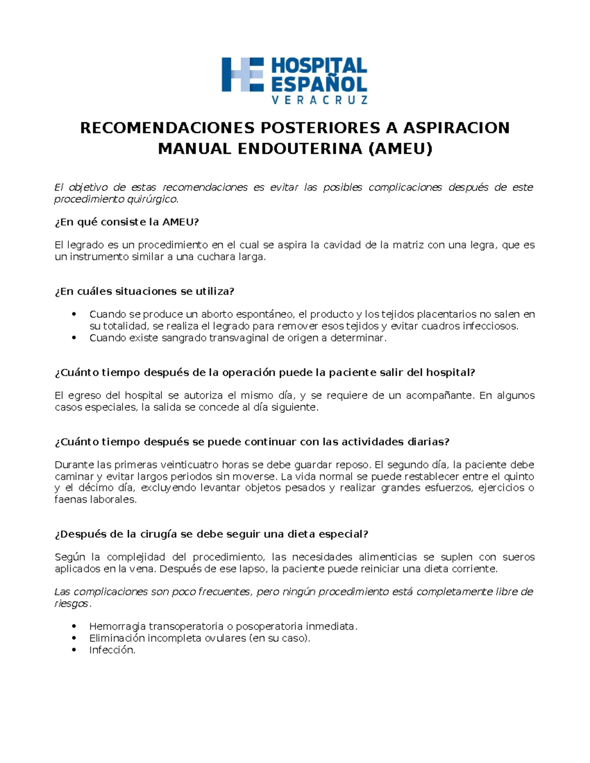 AMEU - Recomendaciones Postquirúrgicas para el Procedimiento de AMEU ...