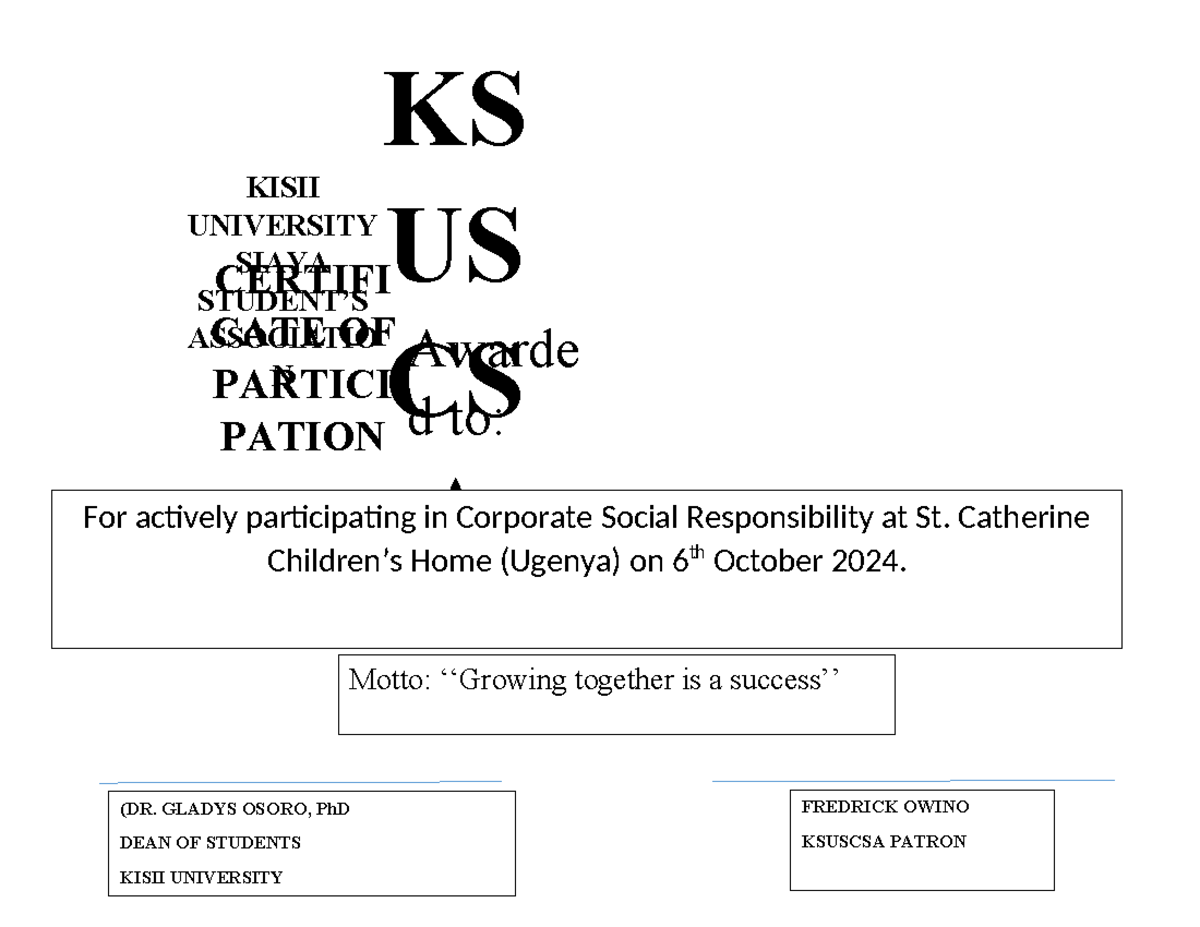 CERT OF Participation - notes - School refilling - KS US CS A KISII ...