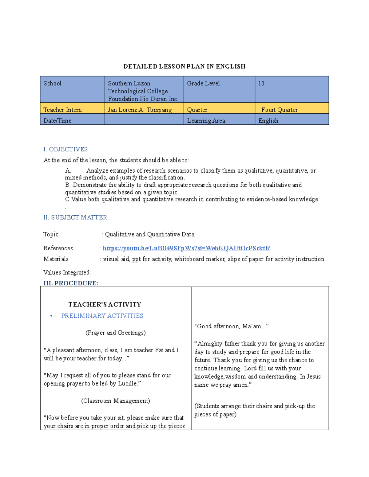 Detailed Lesson Plan: Qualitative & Quantitative Data (Grade 10) - Studocu