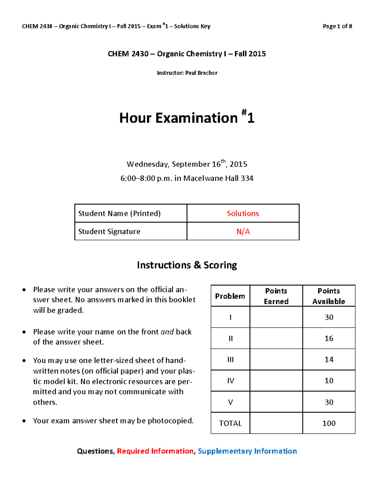CHEM 2430 Organic Chemistry I Fall 2015 Exam #1 Solutions Key - Studocu
