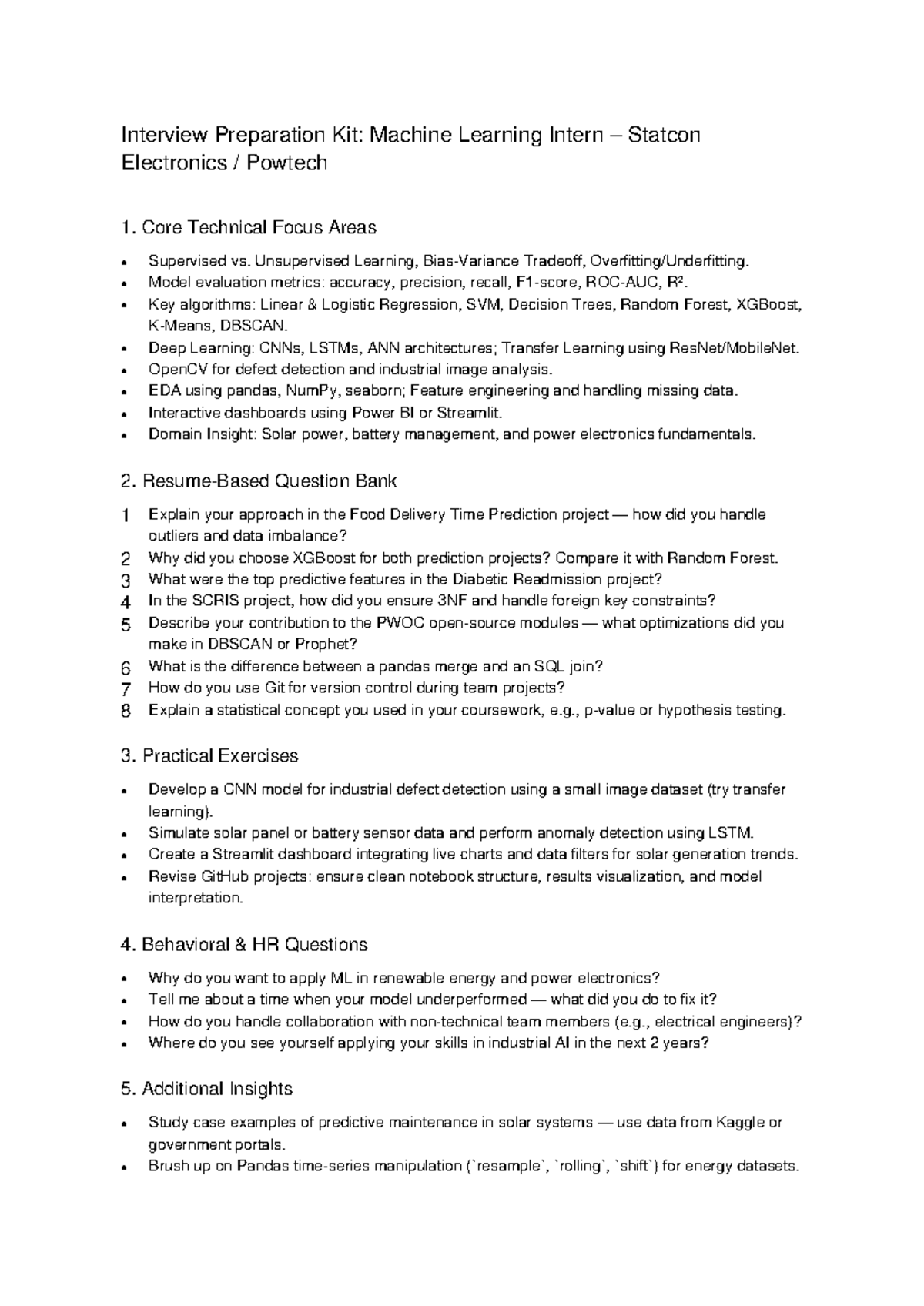 Statcon ML Intern Interview Prep Kit: Key Concepts & Questions - Studocu