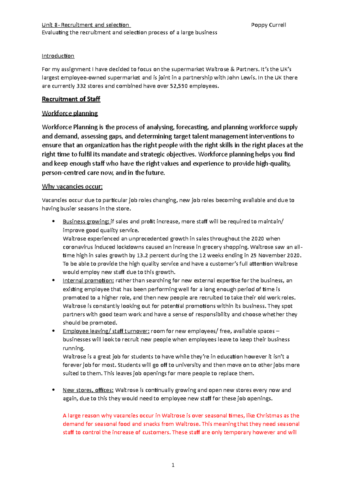 Unit 8 Case Study: Recruitment & Selection at Waitrose - Poppy Currell ...