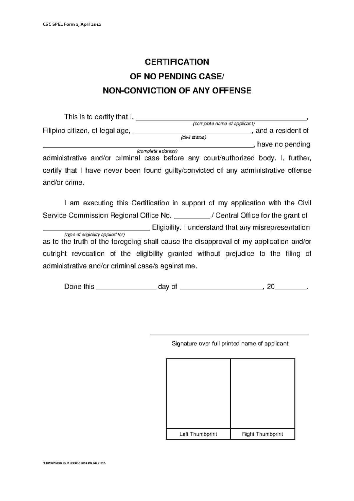CSC SPEL Form 1: Certification of No Pending Case Details - Studocu