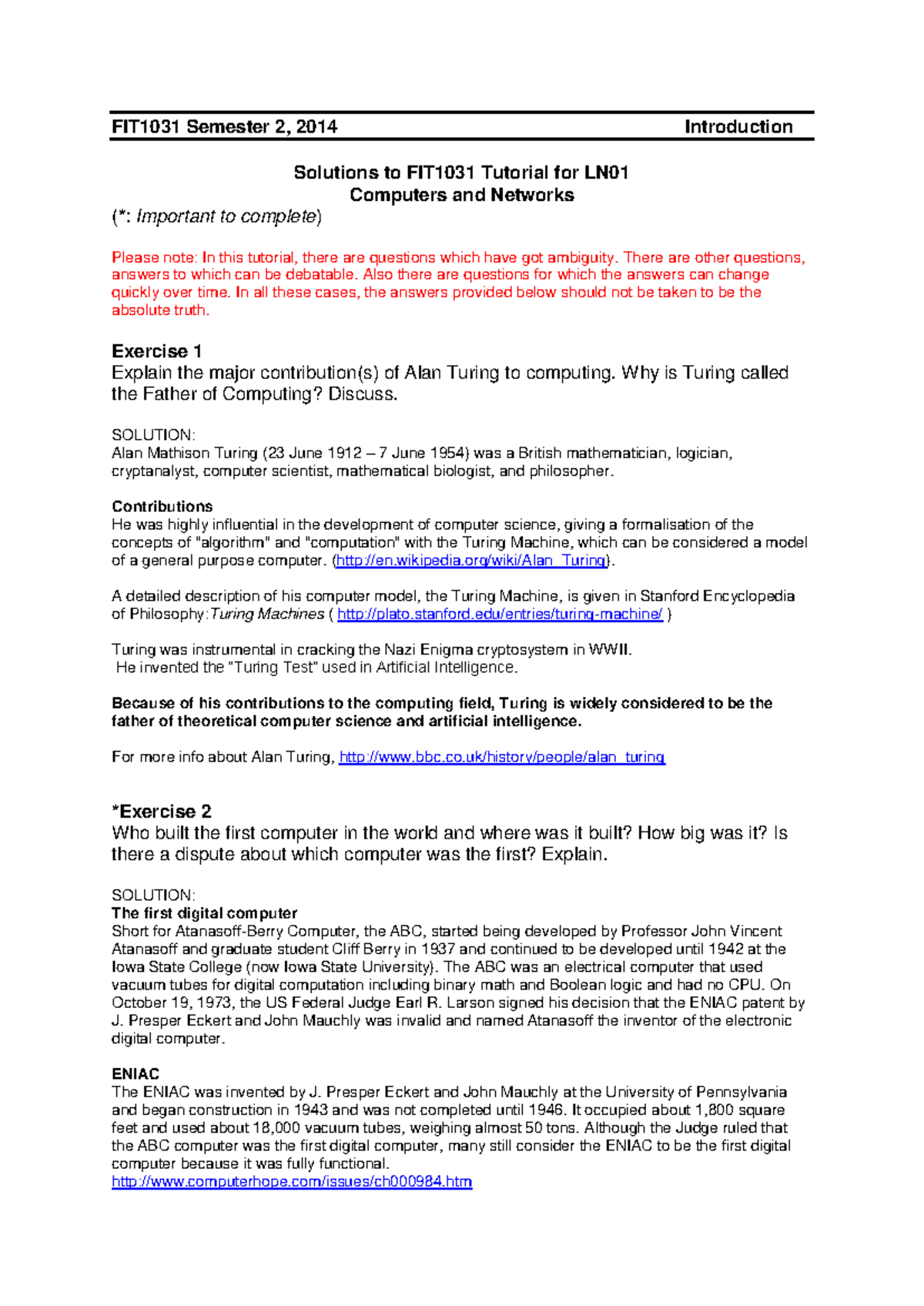 S2 2014 Sol Tute - FIT1031 Semester 2, 2014 Introduction Solutions to ...