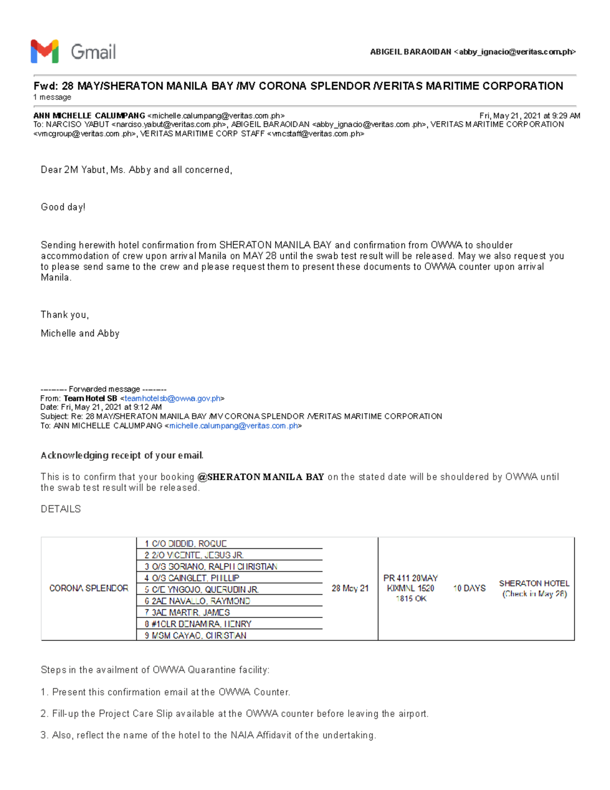 OWWA Confirmation for MAY 28: Sheraton Manila Bay & MV Corona Splendor - Document Preview