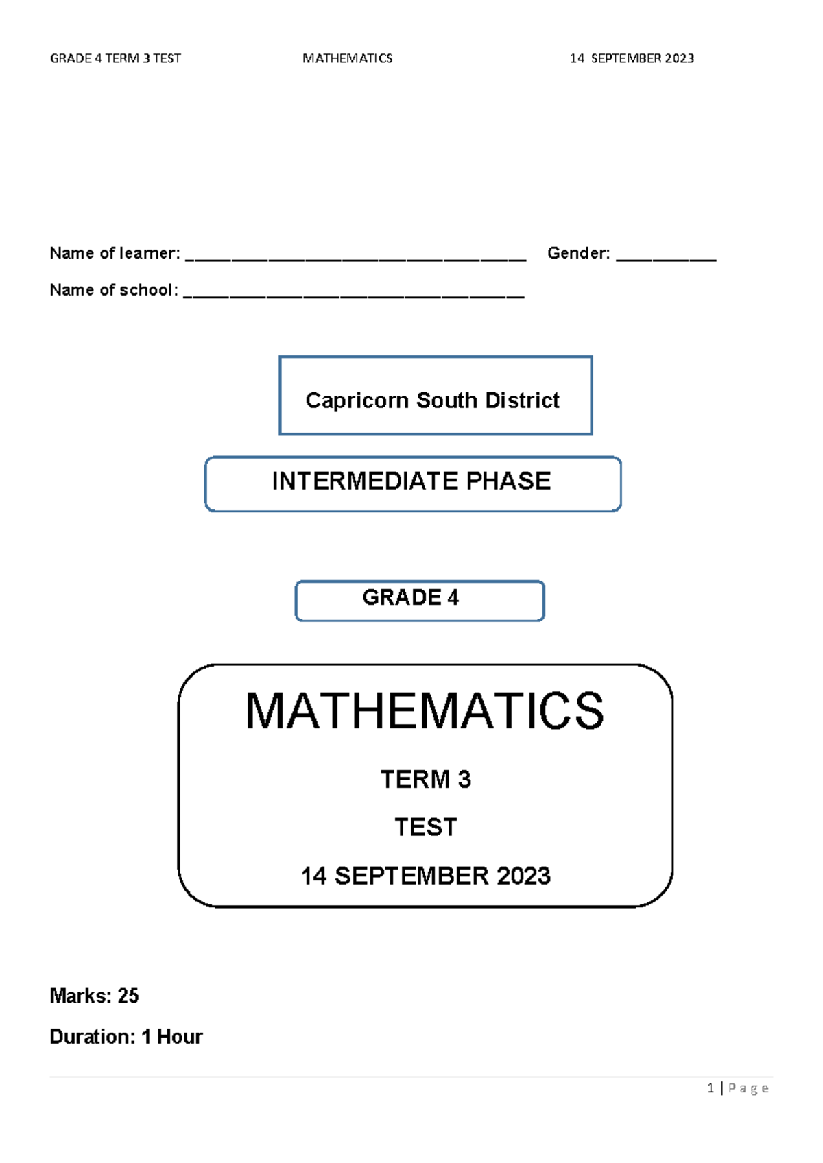 Grade 4 Maths Term 3 Test - 14 Sept 2023 - 25 Marks - Studocu