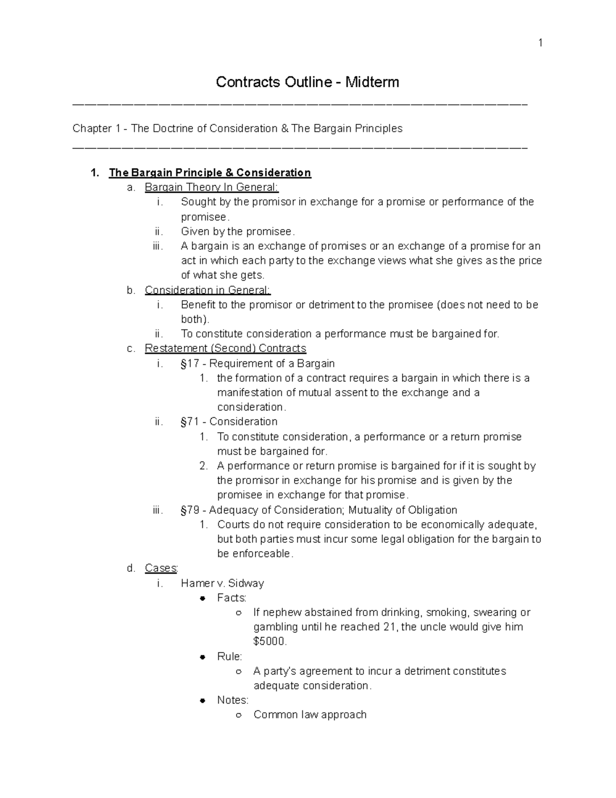 Contracts Outline - Law 101 Midterm Review on Key Principles - Studocu