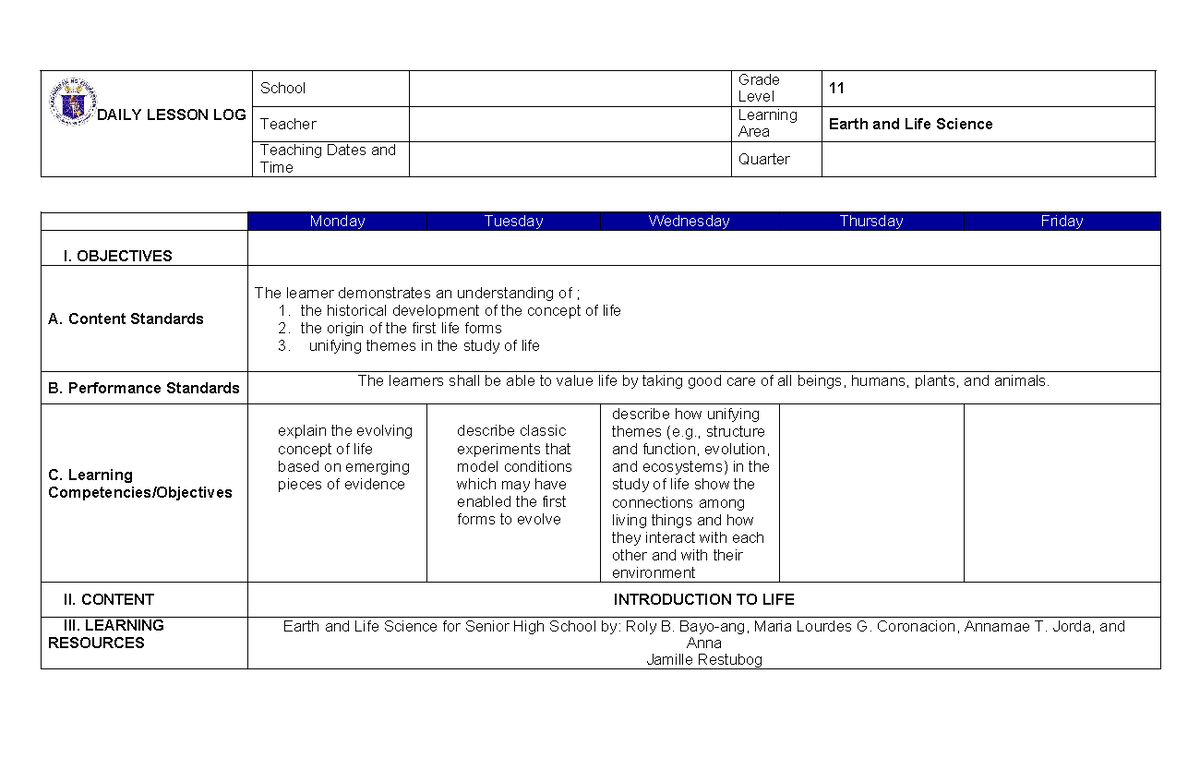 Grade 11 Earth and Life Science Daily Lesson Log - 2nd Quarter - Studocu