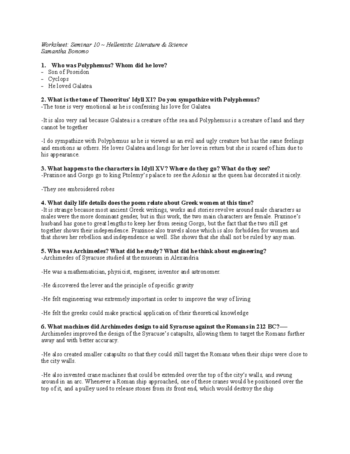 Response 10 - weekly worksheet - Worksheet: Seminar 10 Hellenistic ...