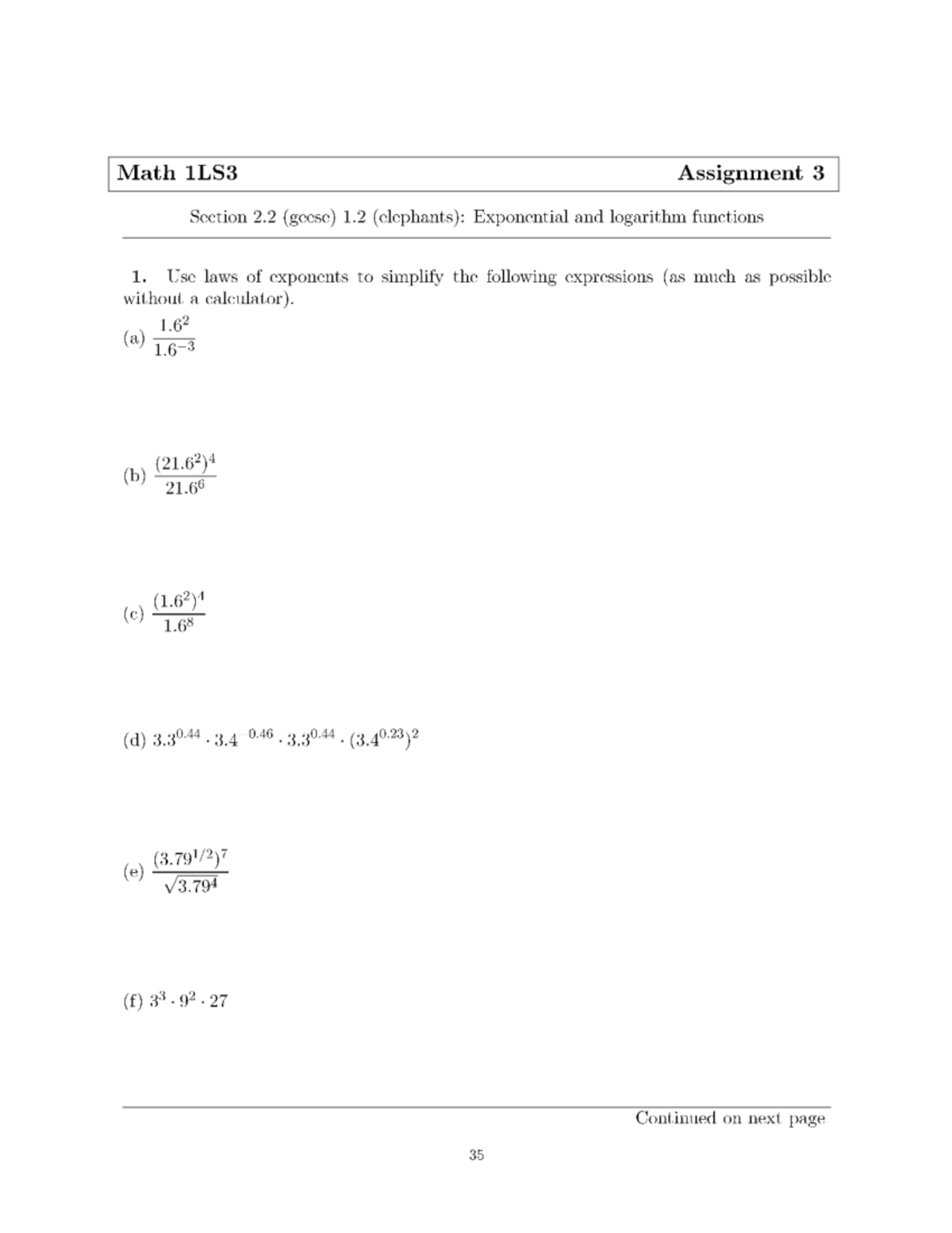 A3 - Math 1LS3 Assignment 3: Exponential & Logarithm Functions - Studocu