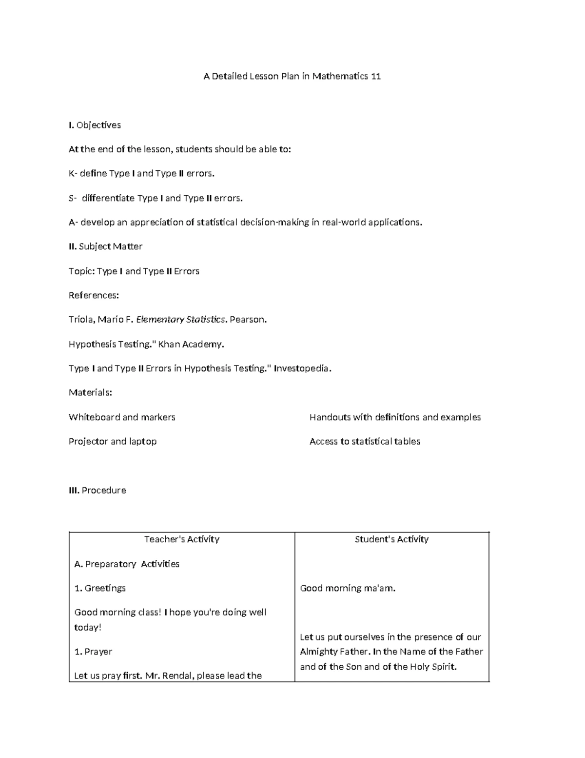 Mathematics 11 Lesson Plan: Understanding Type I & II Errors - Studocu