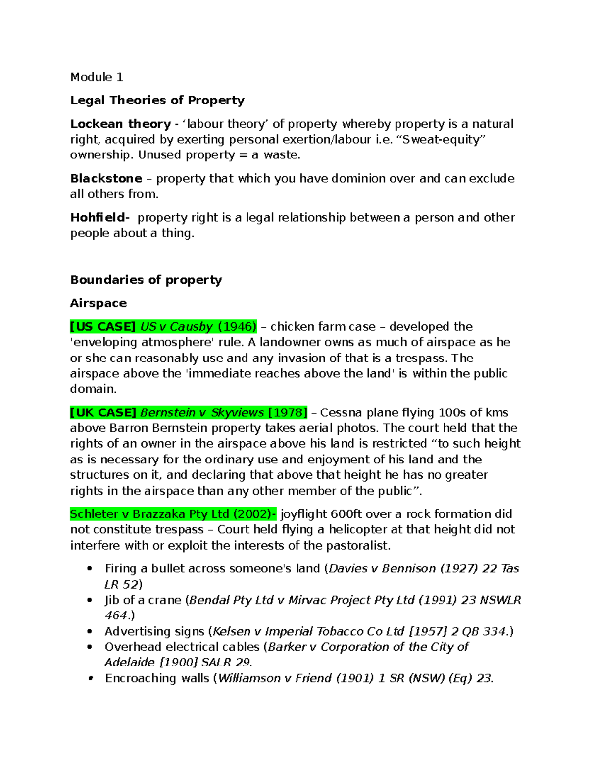 Module 1 Exam Notes: Legal Theories of Property and Key Cases - Studocu