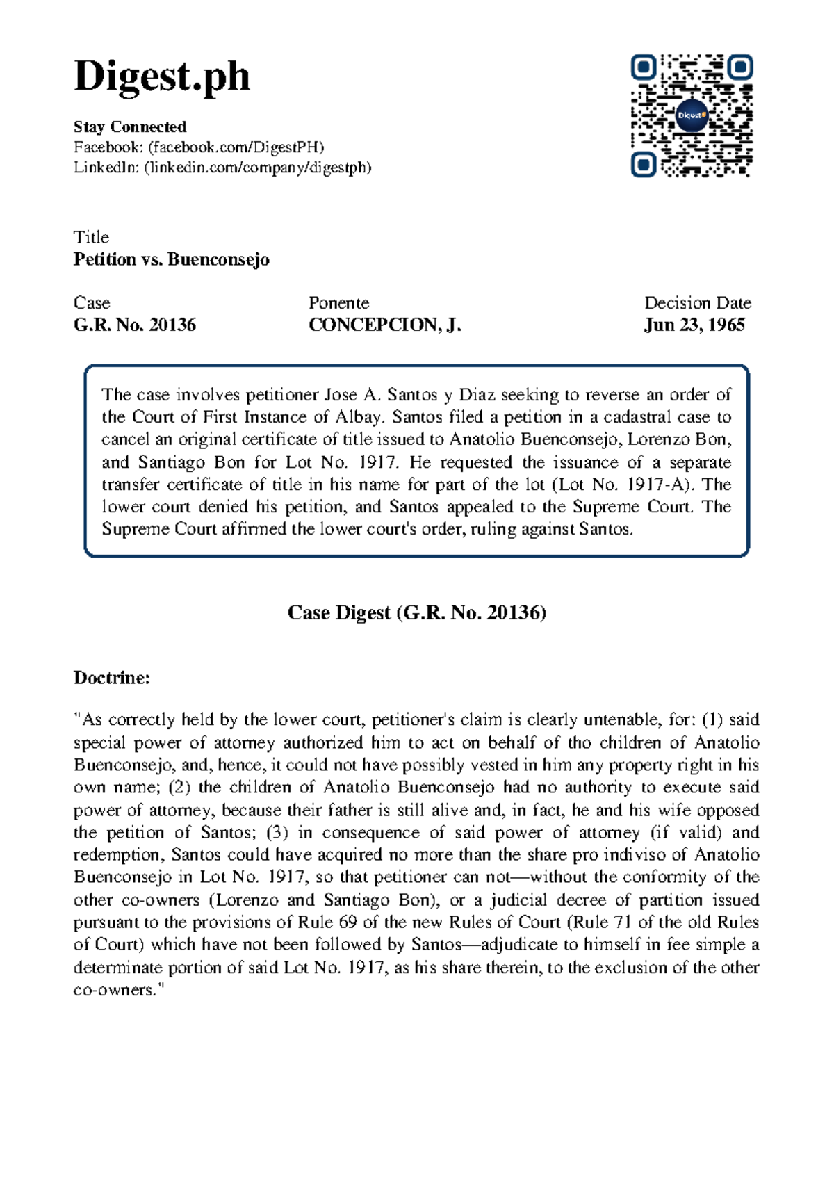 Case Digest: Petition vs. Buenconsejo (G.R. No. 20136) - Supreme Court ...