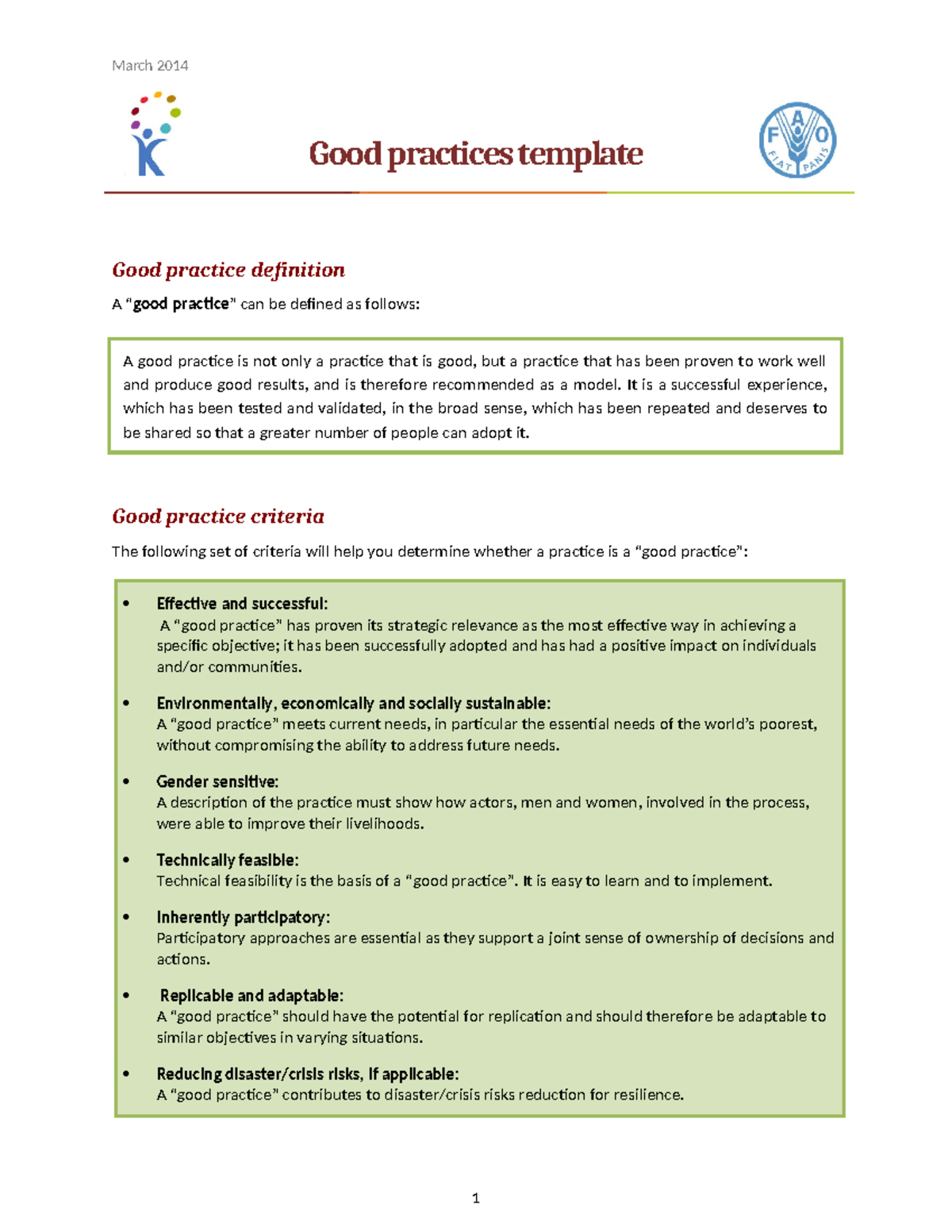Good Practices Template - March 2014 Guide for Effective Implementation ...