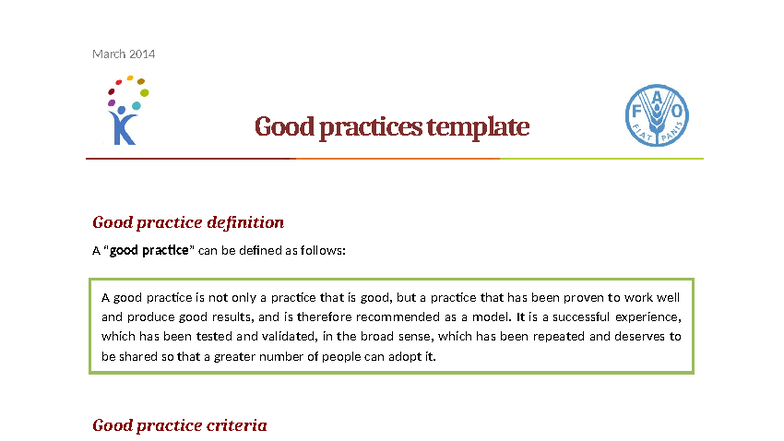 Good Practices Template - March 2014 Guide for Effective Implementation ...