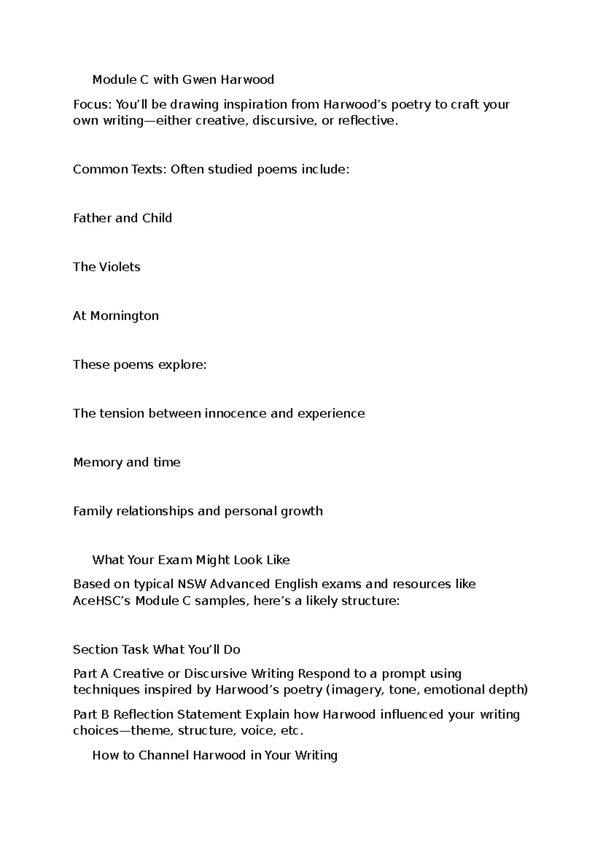 ENG Yr11 Prep Mod C: Crafting Creative Responses Inspired by Harwood ...