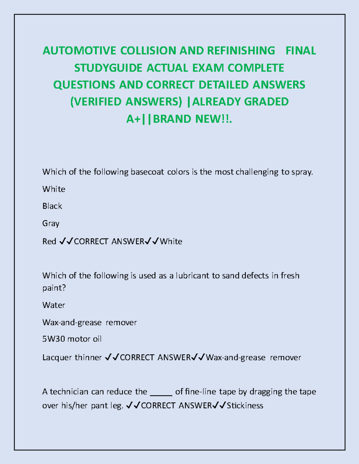 AUTOMOTIVE COLLISION AND REFINISHING FINAL STUDY GUIDE: COMPLETE EXAM Q ...