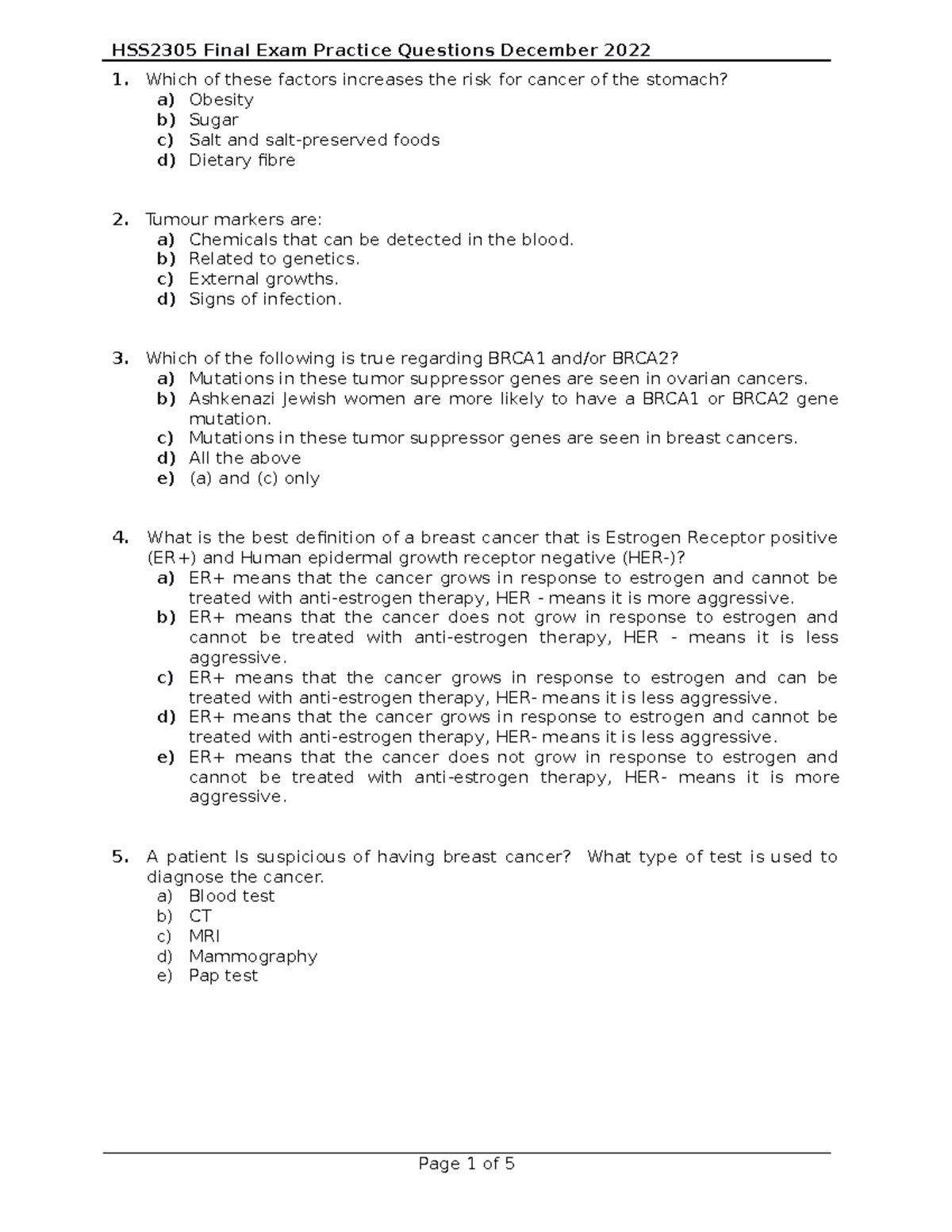 HSS2305 - Final Exam Practice Qs on Cancer Biology Concepts - Studocu