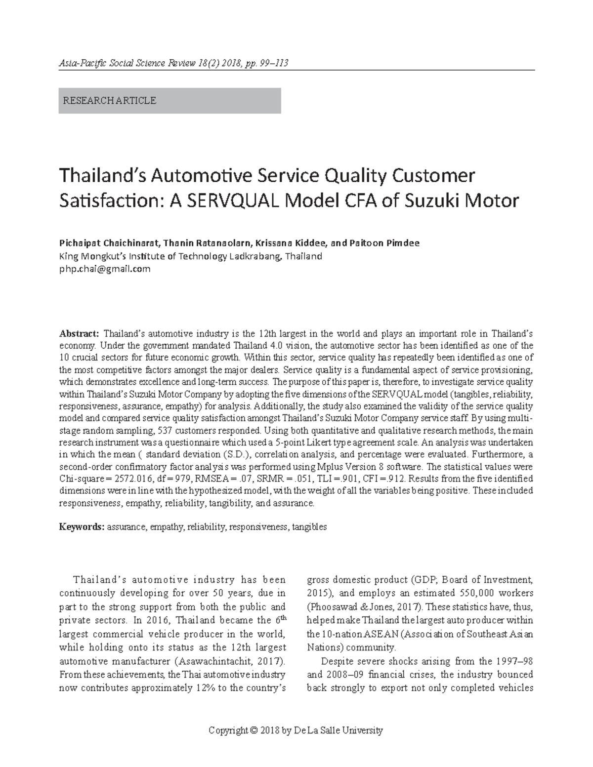 Thailand's Automotive Service Quality: A SERVQUAL Model CFA of Suzuki ...