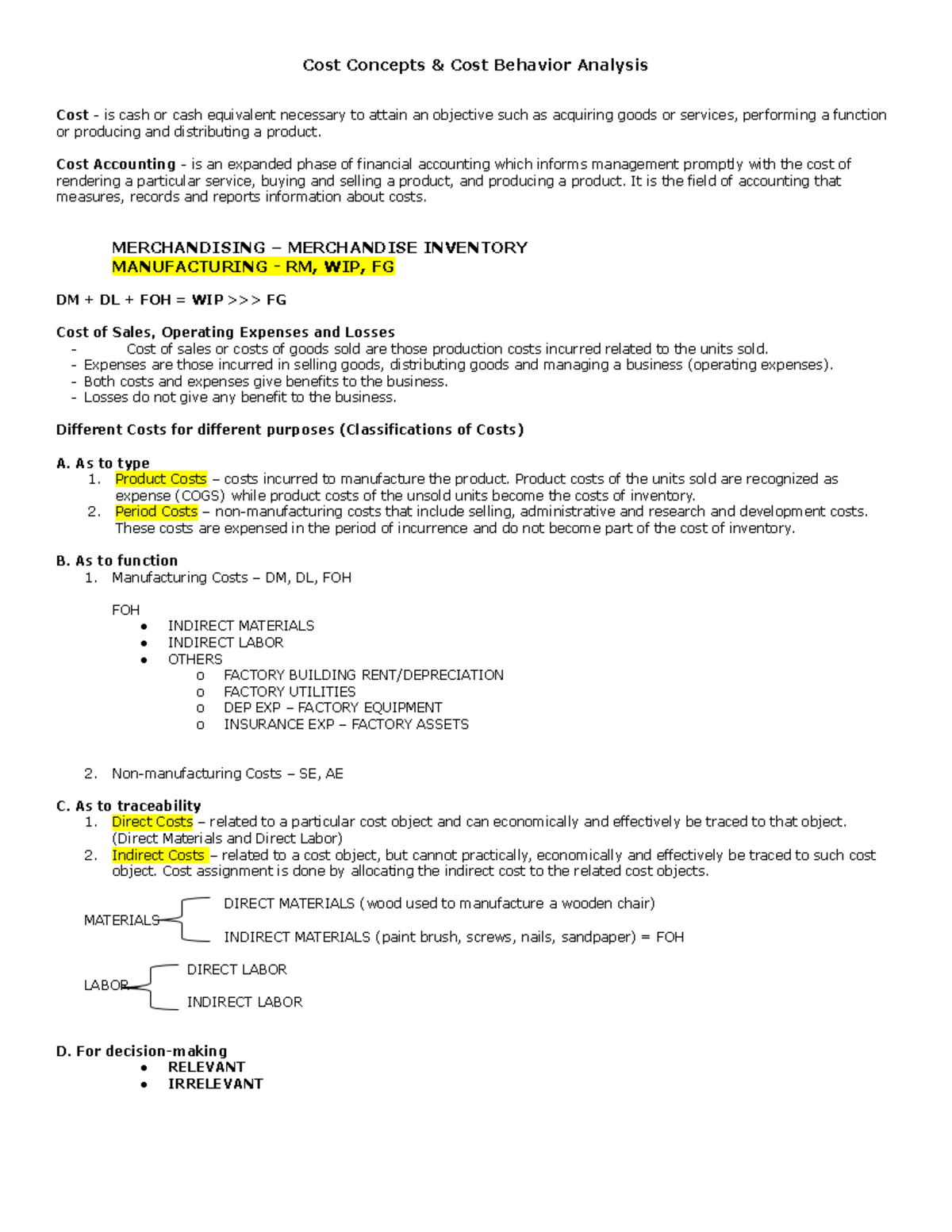 Cost-Concepts - Cost concepts - Cost Concepts & Cost Behavior Analysis ...