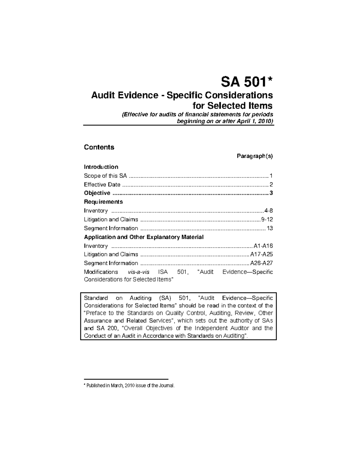 SA 501 - Audit Evidence Considerations for CA Final Exams - Studocu