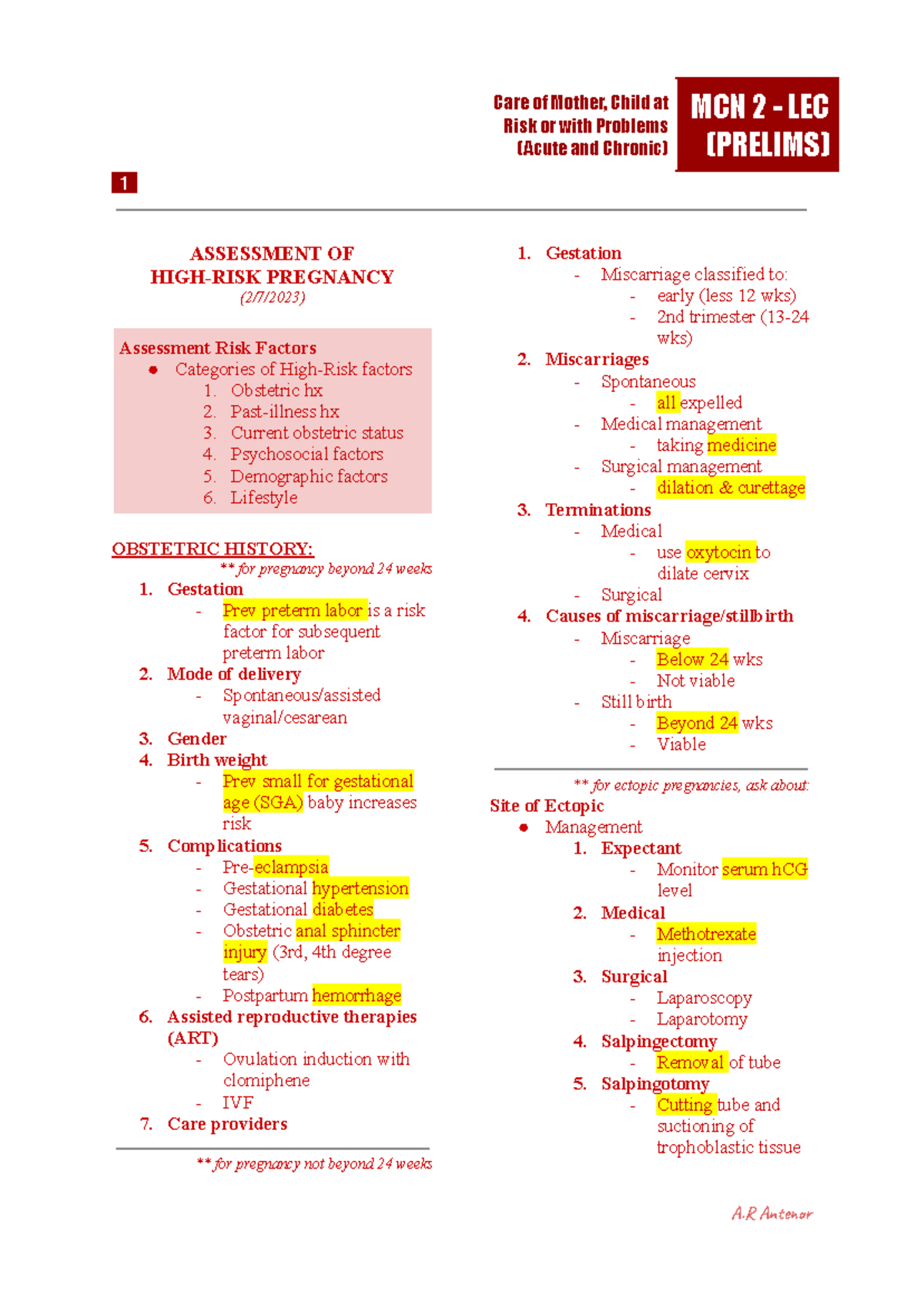 MCN2 LEC - Prelims Notes on High-Risk Pregnancy Assessment - Studocu