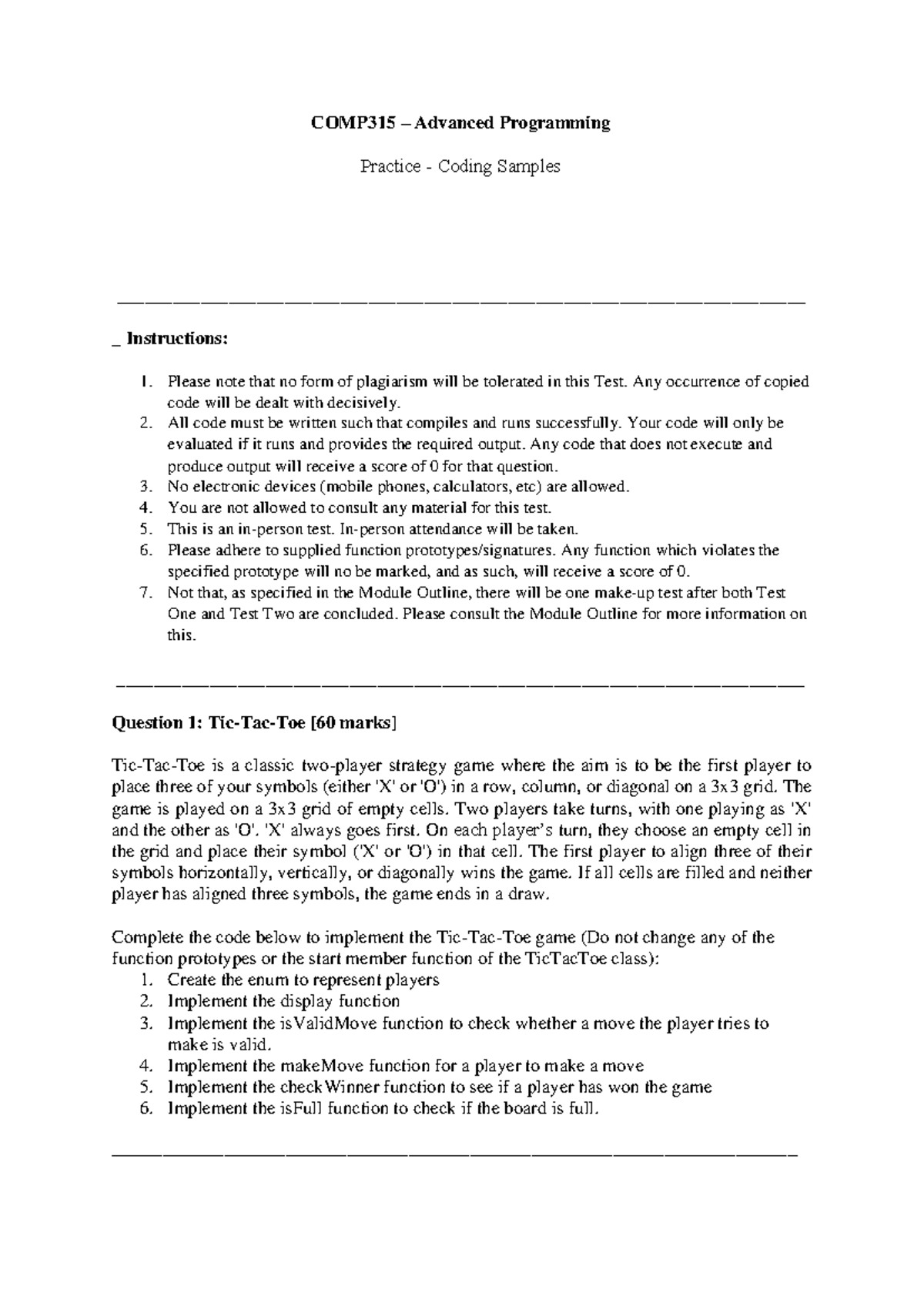 COMP 315 Advanced Programming Coding Practice Exam Samples - Studocu