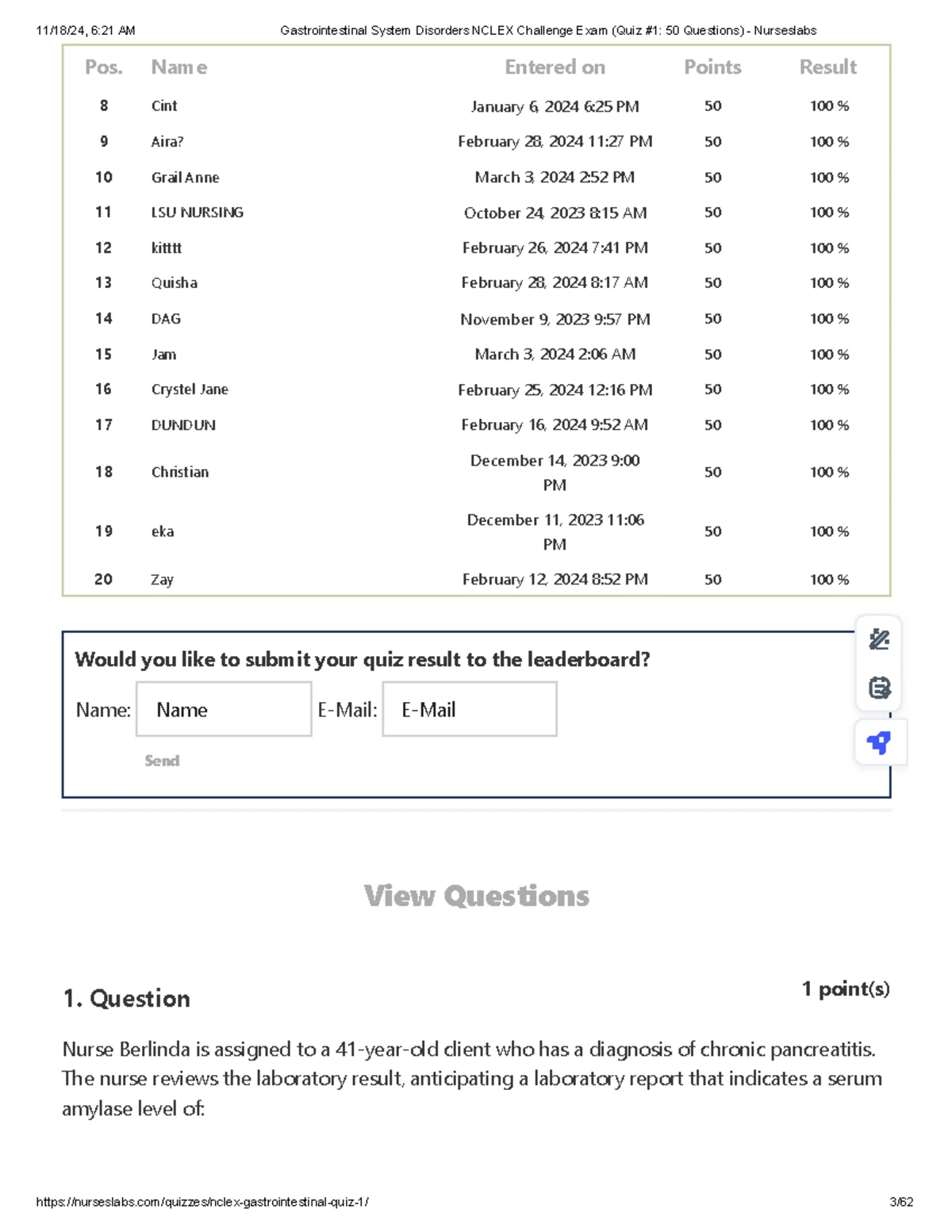 Gastrointestinal System Disorders NCLEX Challenge Exam Quiz #2 (50 Qs ...