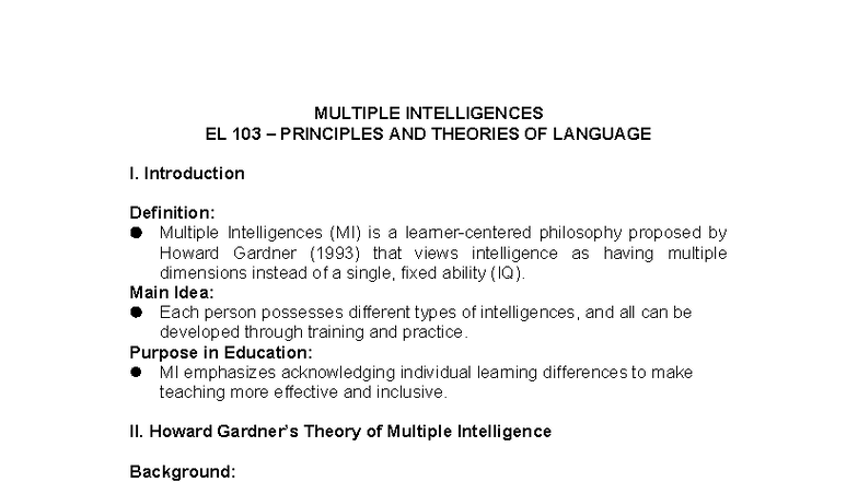 Multiple Intelligences Topic Content - MULTIPLE INTELLIGENCES EL 103 ...