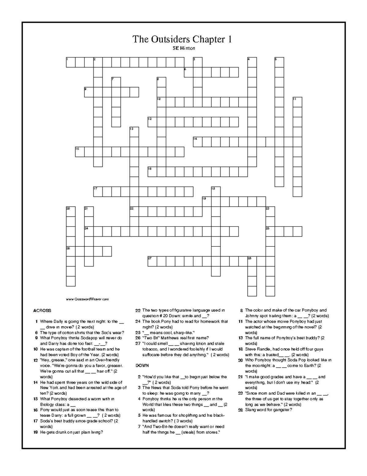 Outsiders CH1 Crossword Puzzle - SE Hinton - Studocu