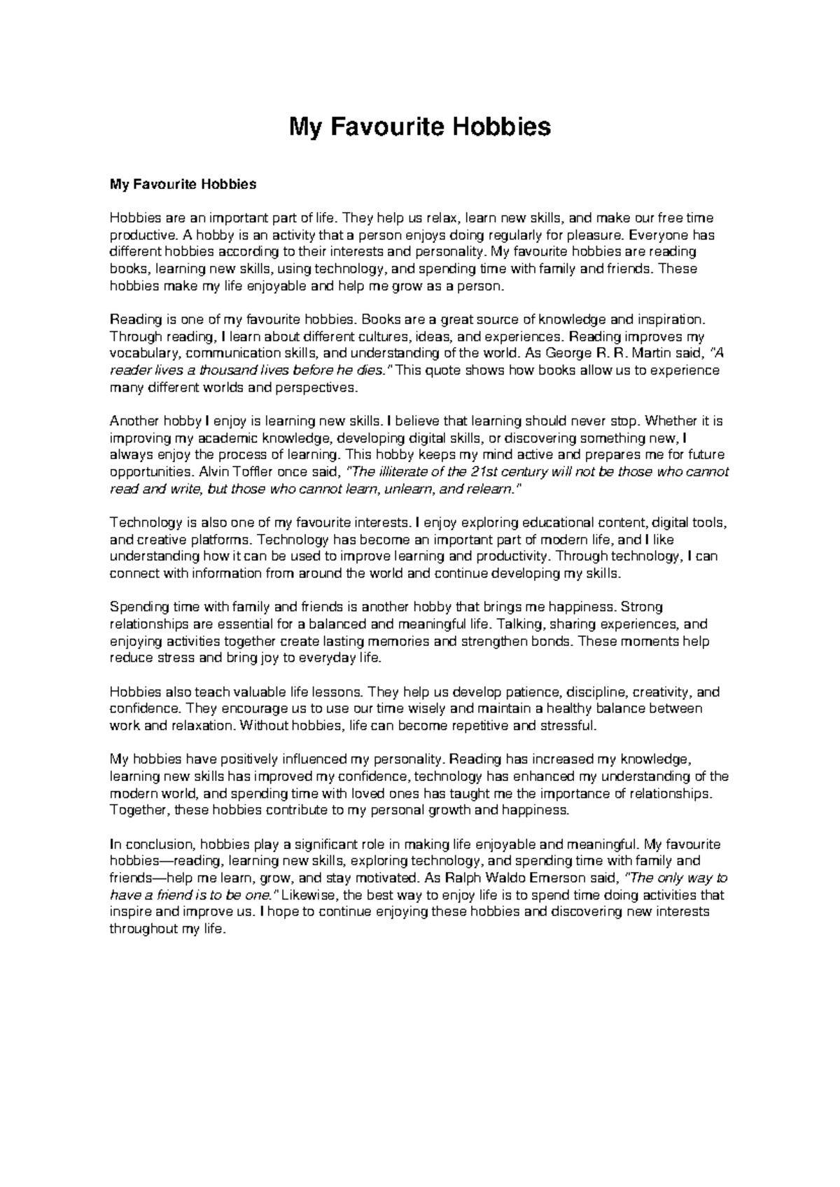 My Favourite Hobbies Essay: Exploring Interests and Growth - Studocu