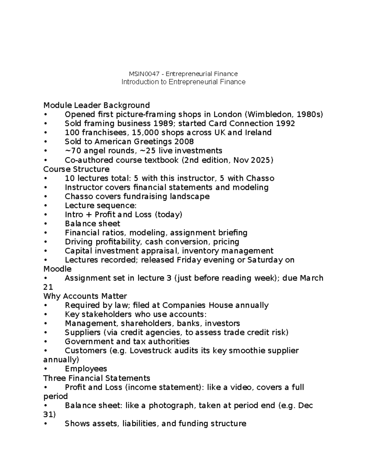 MSIN0047 - Intro to Entrepreneurial Finance: Lecture 1 Notes - Studocu
